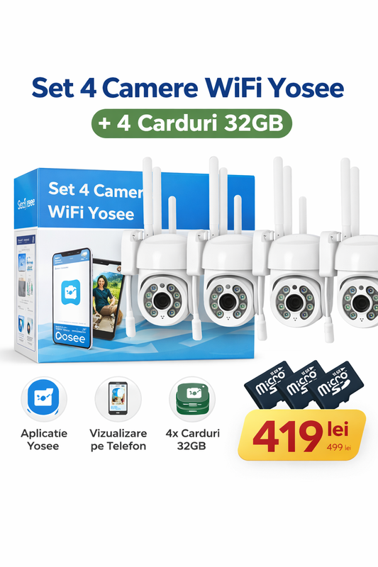 Set 4 camere WiFi Yosee cu 4 carduri 32GB